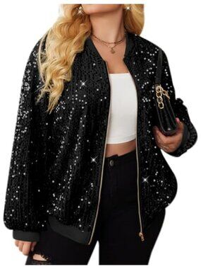 Plus Size Sequin Bomber Jacket Long Sleeve Front Zip Party Coat